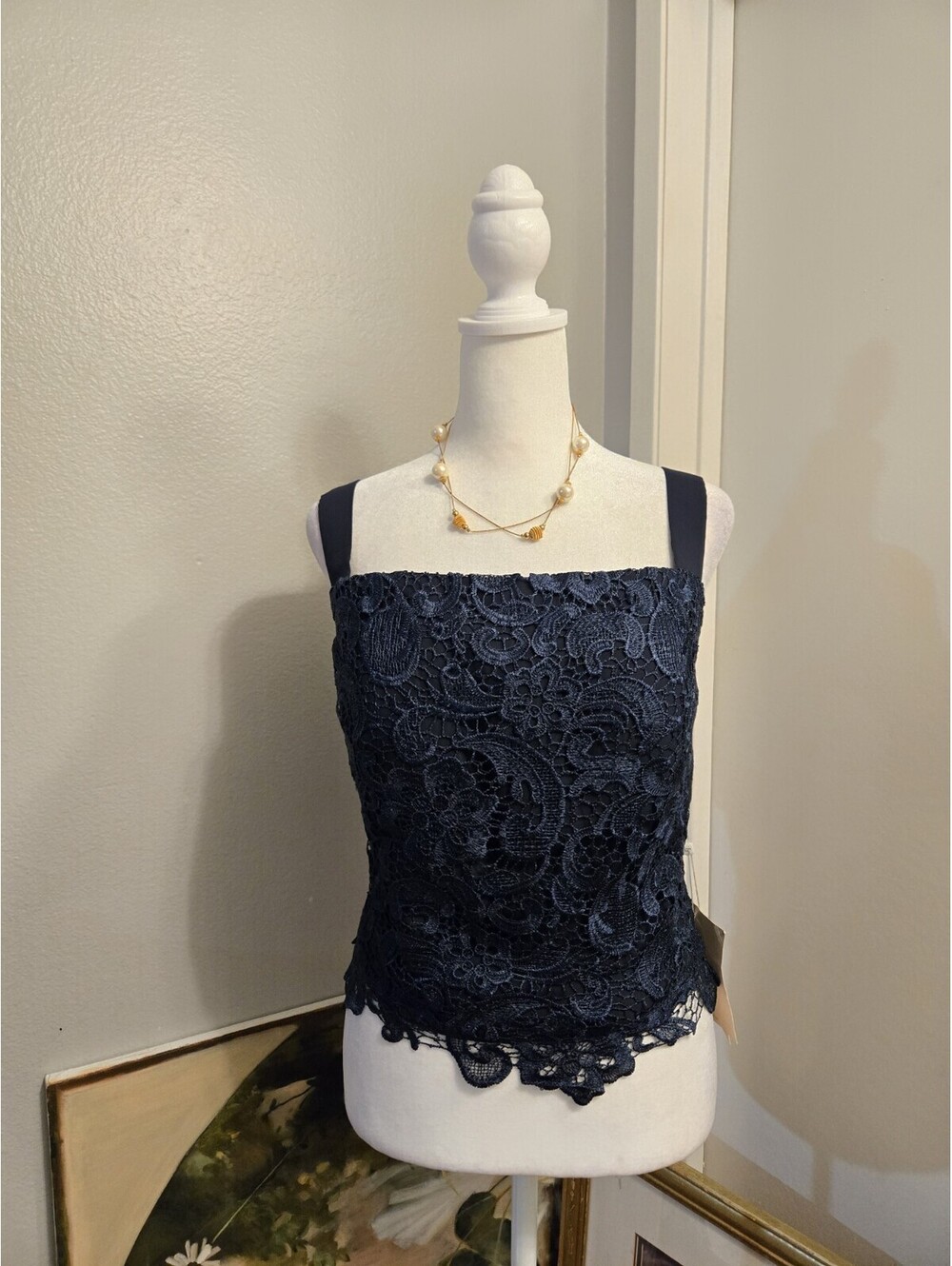 LT LanTing Navy Blue Bride strap Floral Lace corset top NWT size 12